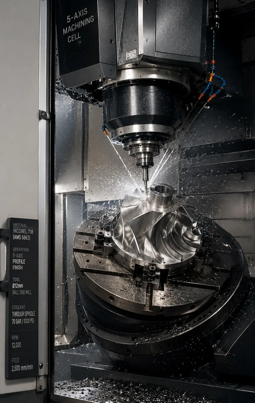 Five-axis machining cell running super-alloy work at Maximum Industries