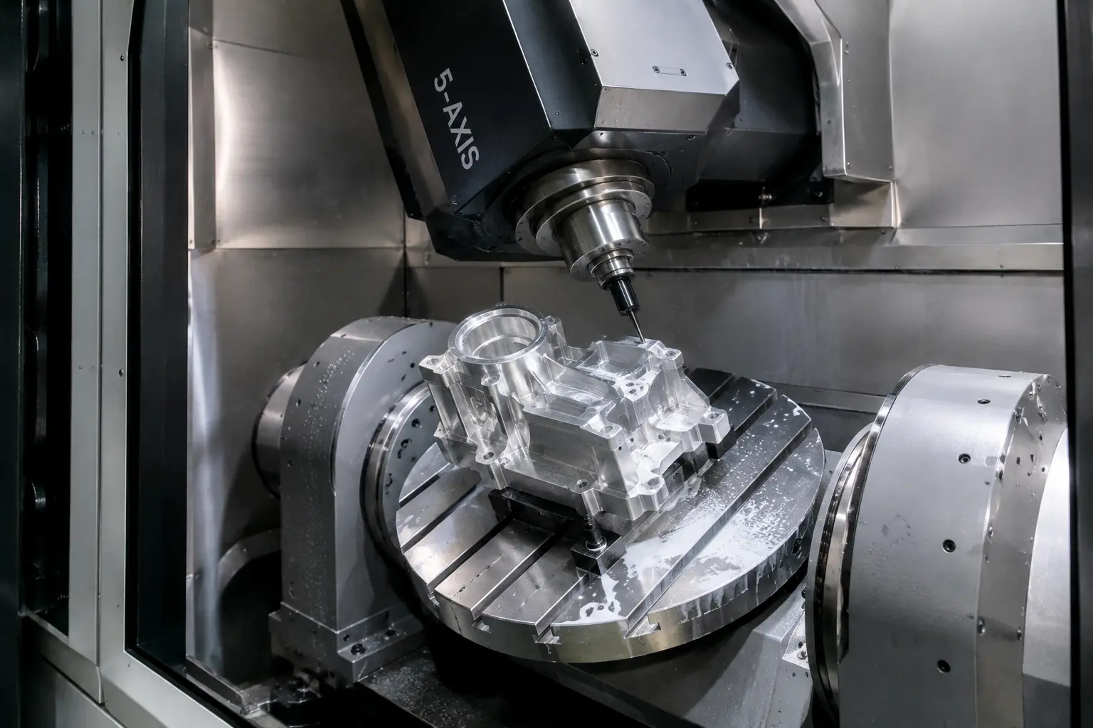 Five-axis machining center cutting a super-alloy aerospace component at Maximum Industries